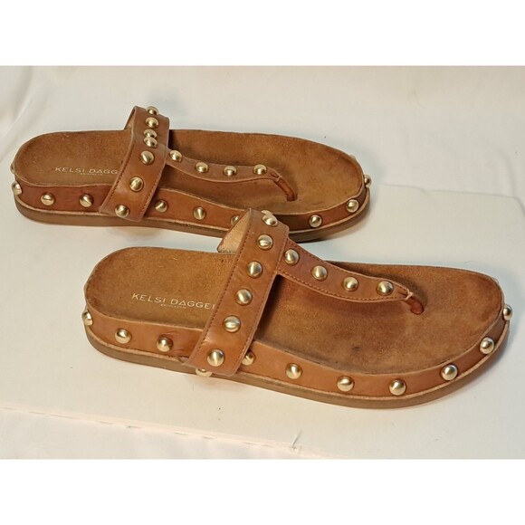 KELSI DAGGER Brooklyn Surface Studded Flat Sandal Leather Brown Gold Size 7.5 - Picture 6 of 8